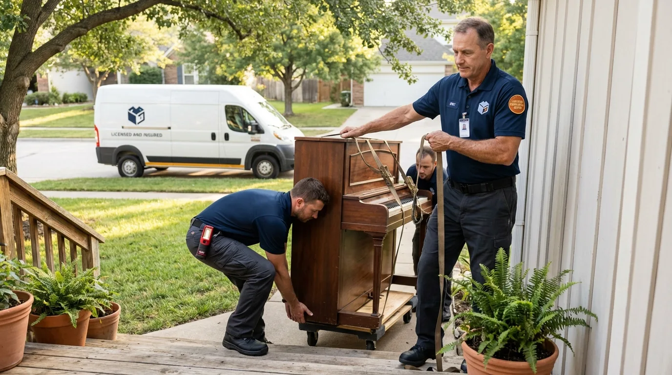 Licensed piano movers securing grand piano in Louisa, VA