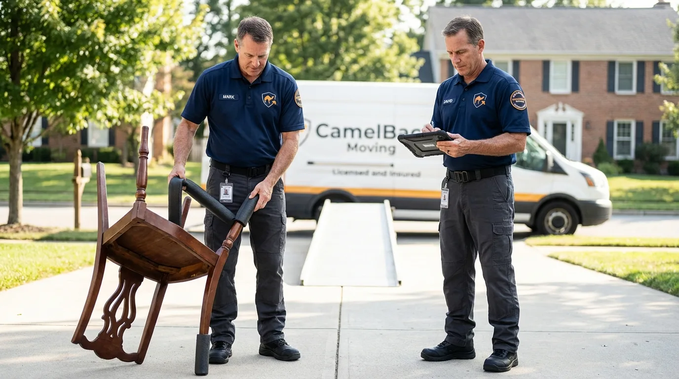 Movers inspecting furniture for damage prevention before loading in Louisa, VA