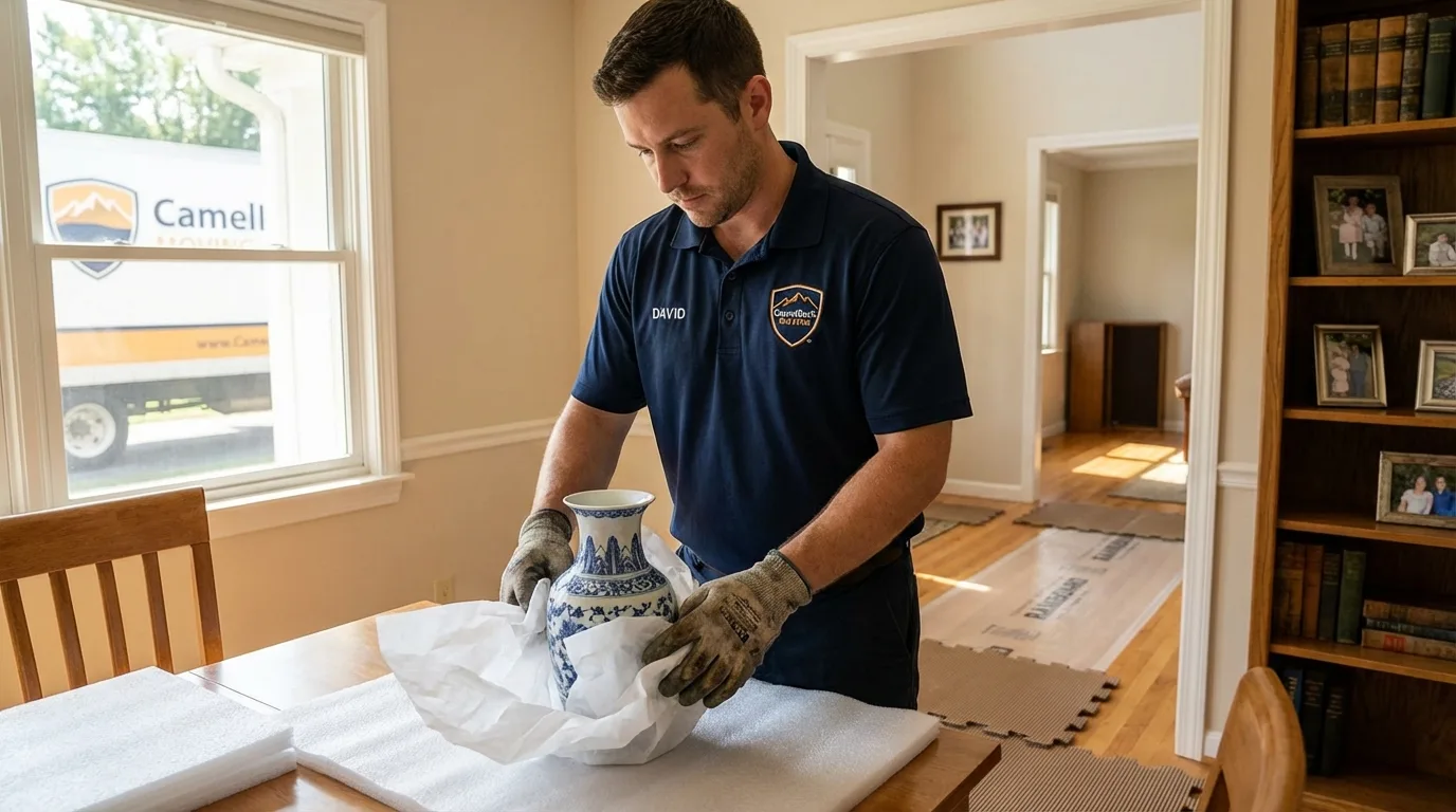 Professional crew carefully wrapping antique vase for senior downsizing move in Louisa, VA